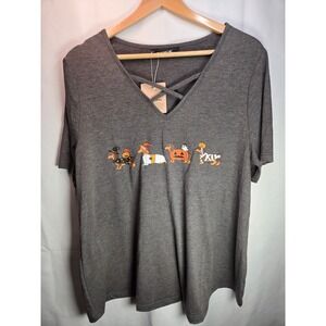 Bloom Chick Halloween Dachshund Grey Tshirt Short Sleeve V Neck Size 12